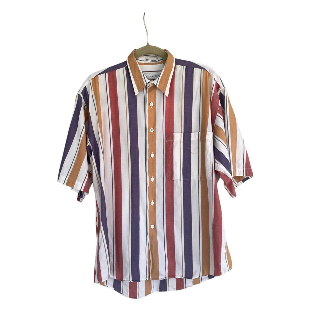 Henry Grethel Shirt Button Up Striped Size M Cotton Retro Short Sleeve Men's